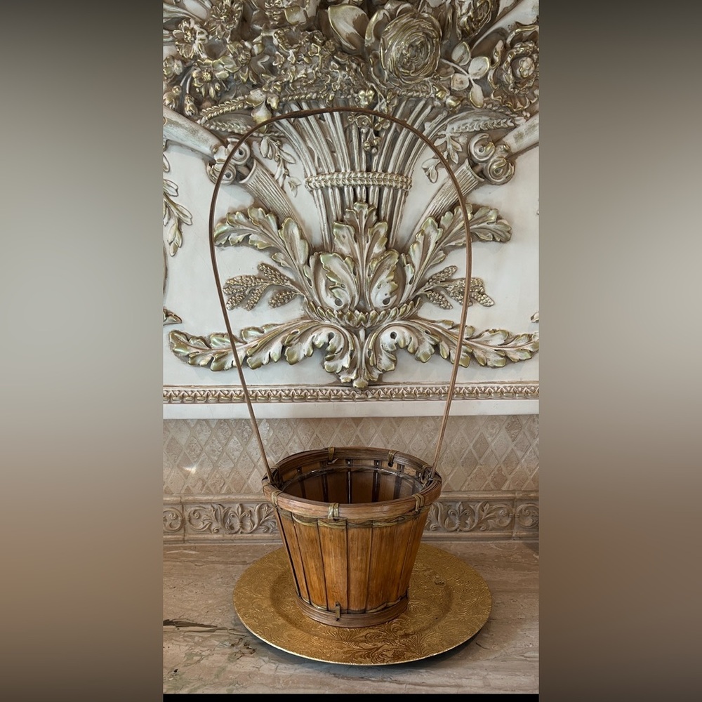 Antique Wooden 22” Basket with Tall Handle - Brown